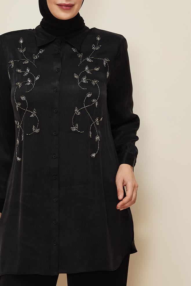 Vêtements hijab NOIR TUNIQUE BRODÉE DE PERLES 20875 - ALVİNA