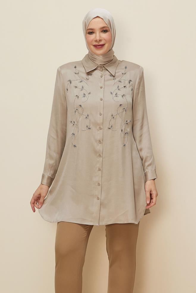Vêtements hijab BEIGE TUNIQUE BRODÉE DE PERLES 20875 - ALVİNA