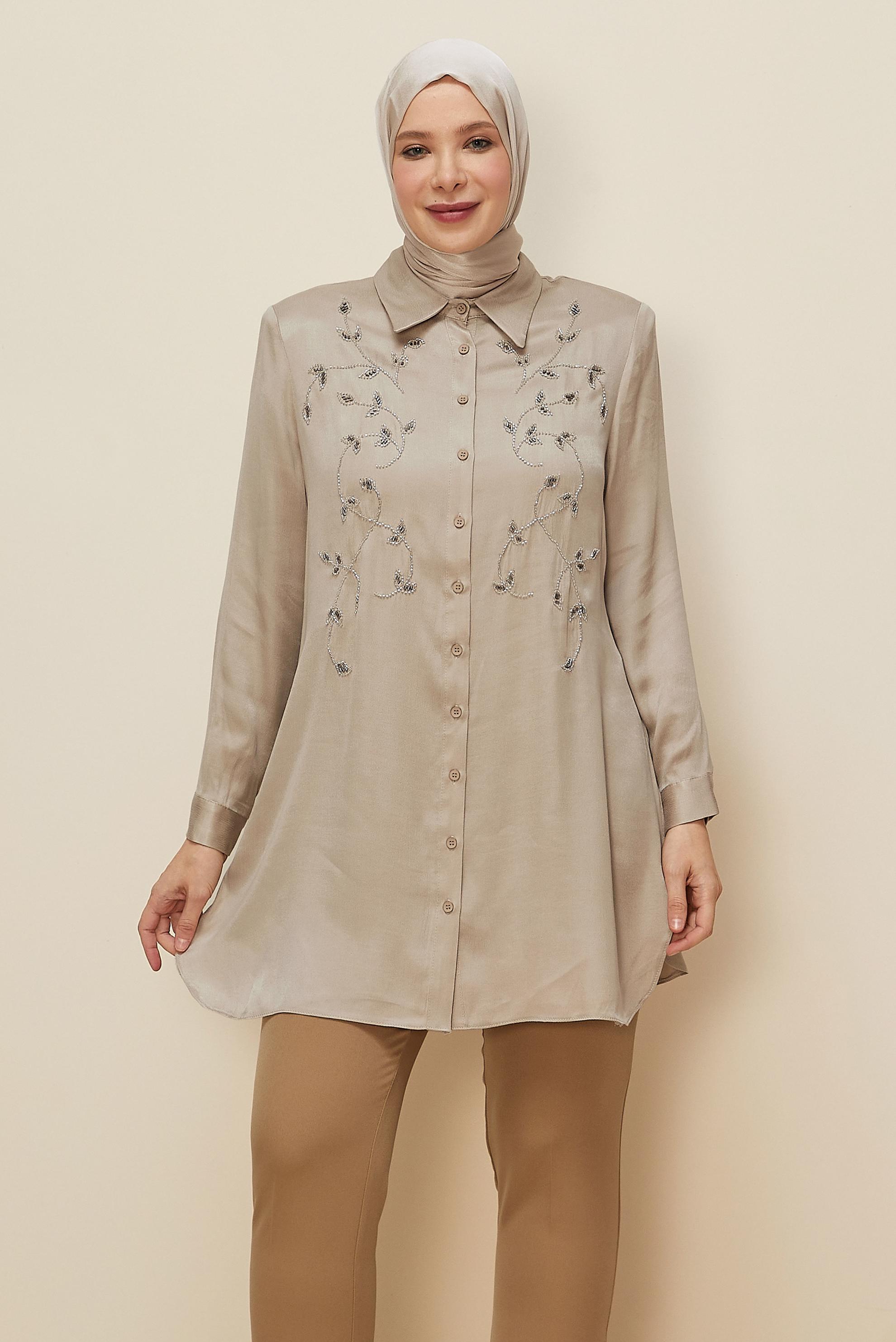 Vêtements hijab BEIGE TUNIQUE BRODÉE DE PERLES 20875