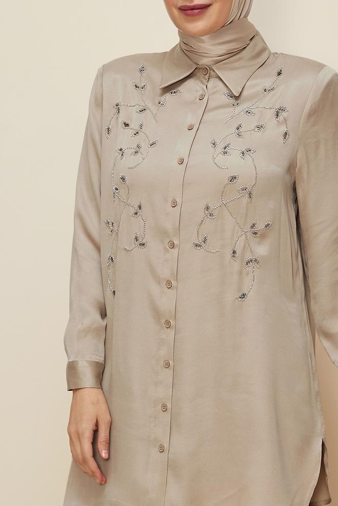 Vêtements hijab BEIGE TUNIQUE BRODÉE DE PERLES 20875 - ALVİNA