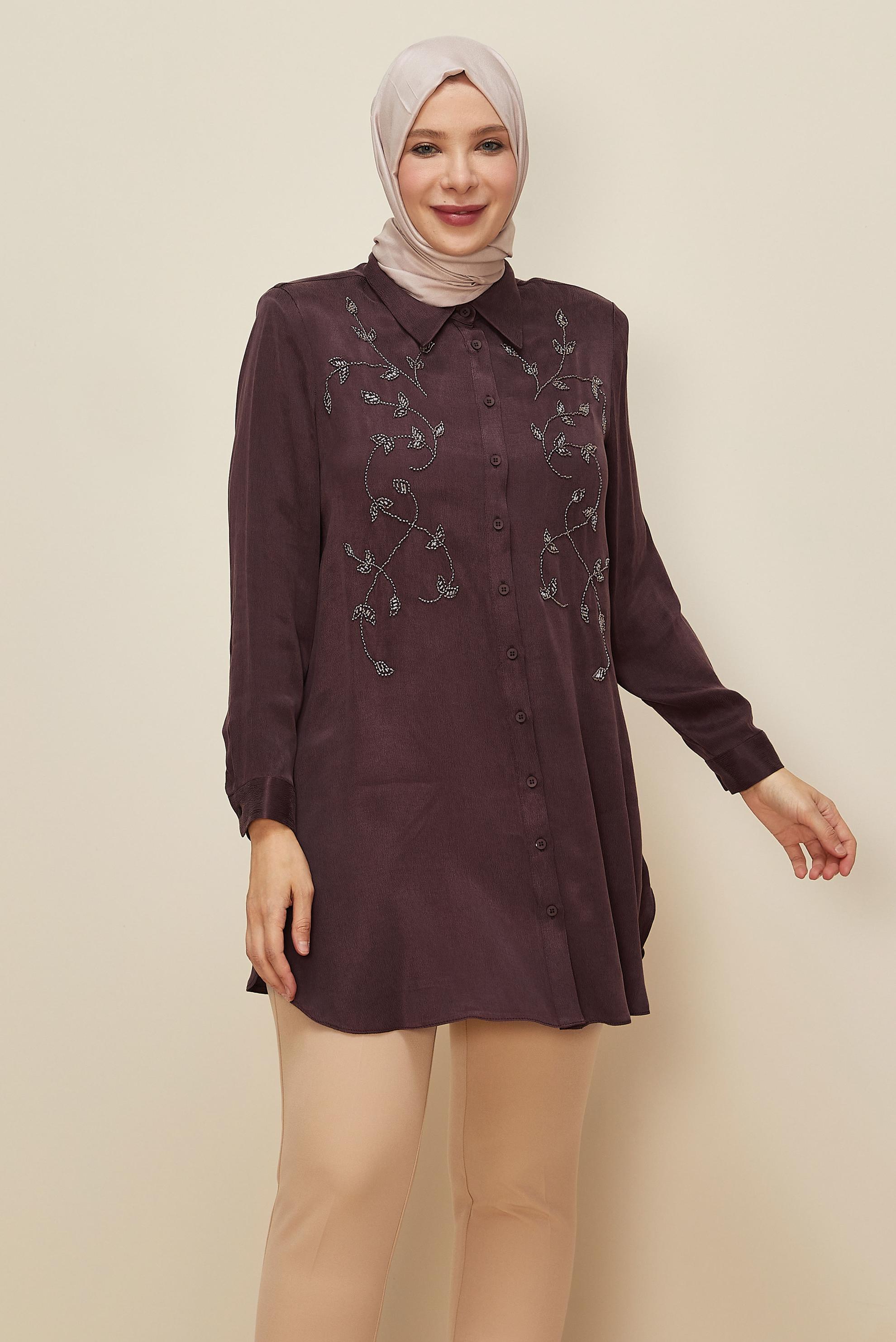Vêtements hijab ROUGE BORDEAUX TUNIQUE BRODÉE DE PERLES 20875