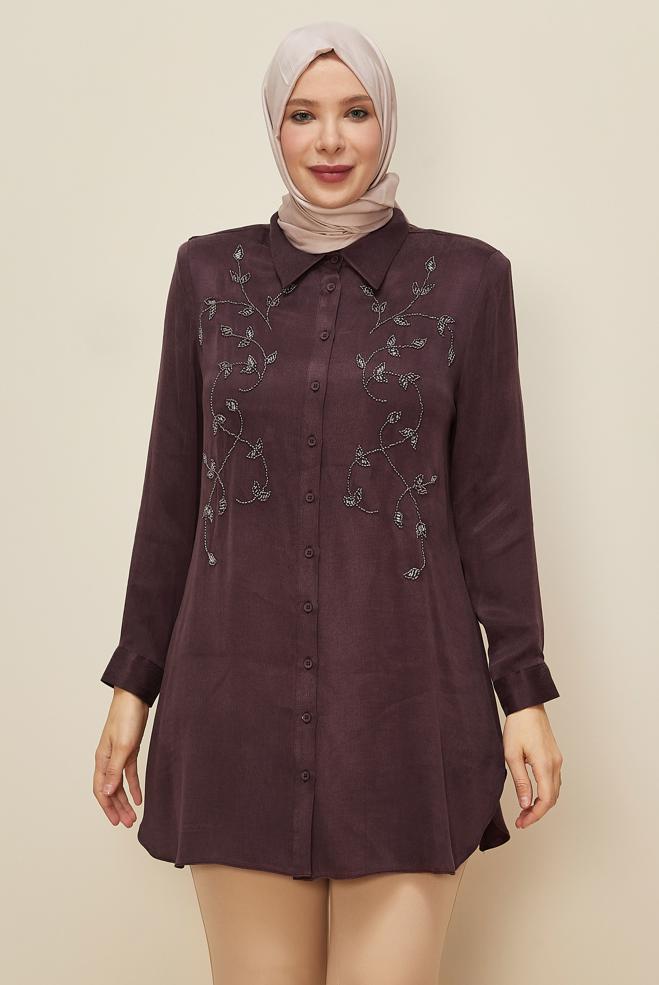 Vêtements hijab ROUGE BORDEAUX TUNIQUE BRODÉE DE PERLES 20875 - ALVİNA