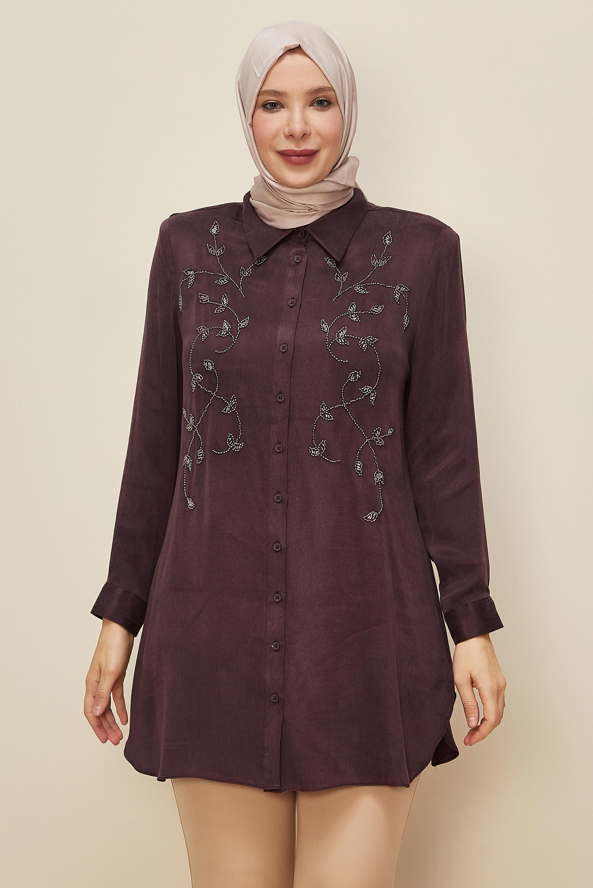 Vêtements hijab ROUGE BORDEAUX TUNIQUE BRODÉE DE PERLES 20875