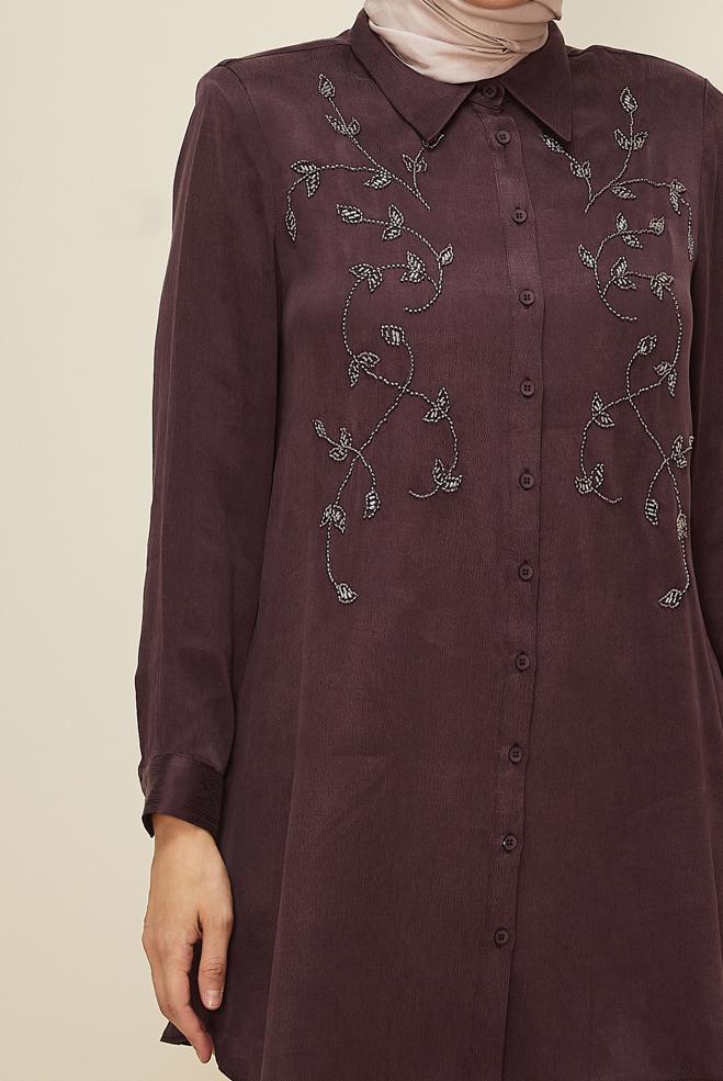 Vêtements hijab ROUGE BORDEAUX TUNIQUE BRODÉE DE PERLES 20875 - ALVİNA