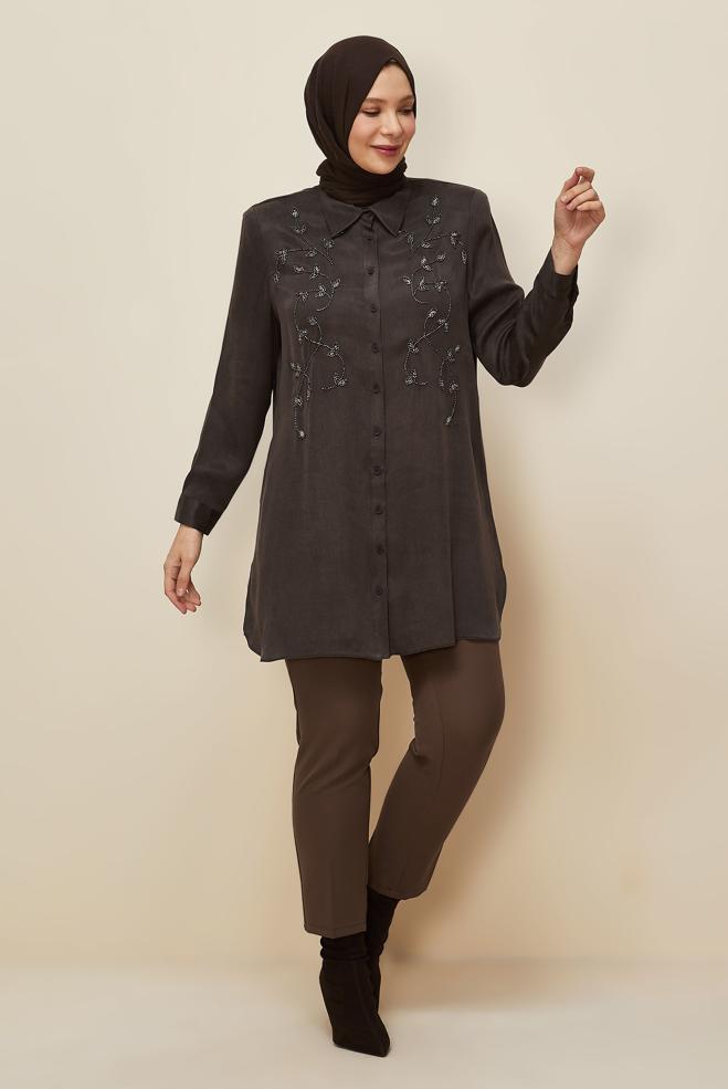 Vêtements hijab BRUN TUNIQUE BRODÉE DE PERLES 20875 - ALVİNA