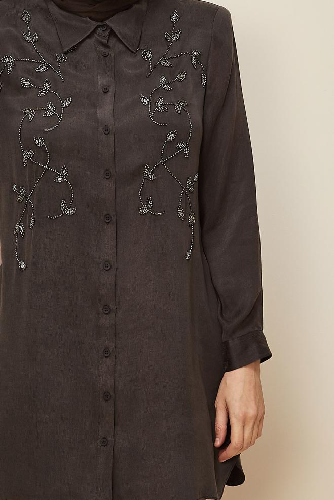 Vêtements hijab BRUN TUNIQUE BRODÉE DE PERLES 20875 - ALVİNA