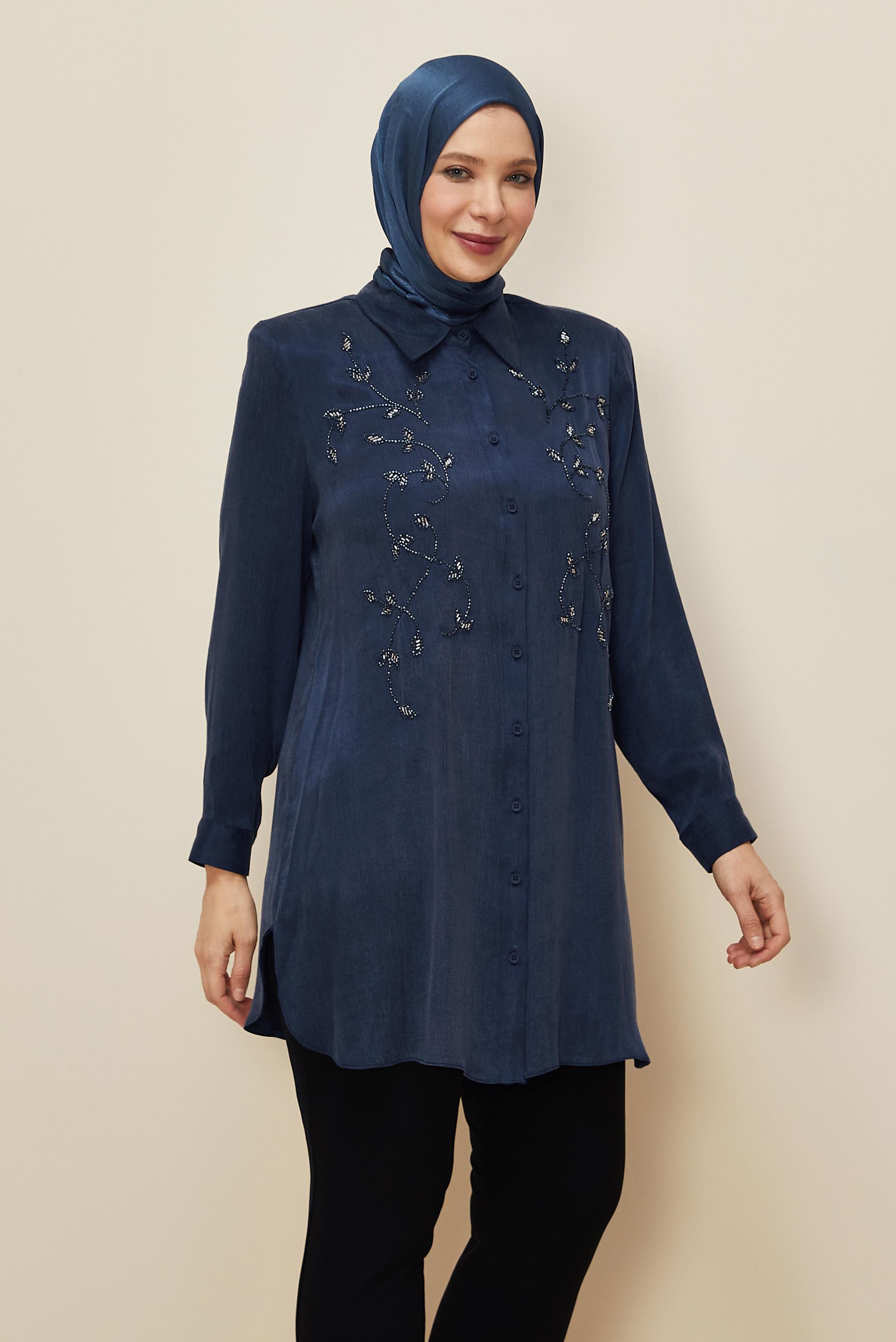 Vêtements hijab BLEU MARINE TUNIQUE BRODÉE DE PERLES 20875