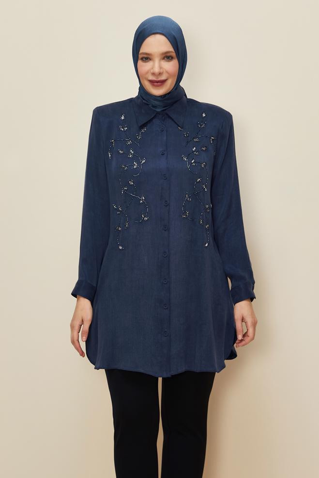 Vêtements hijab BLEU MARINE TUNIQUE BRODÉE DE PERLES 20875 - ALVİNA