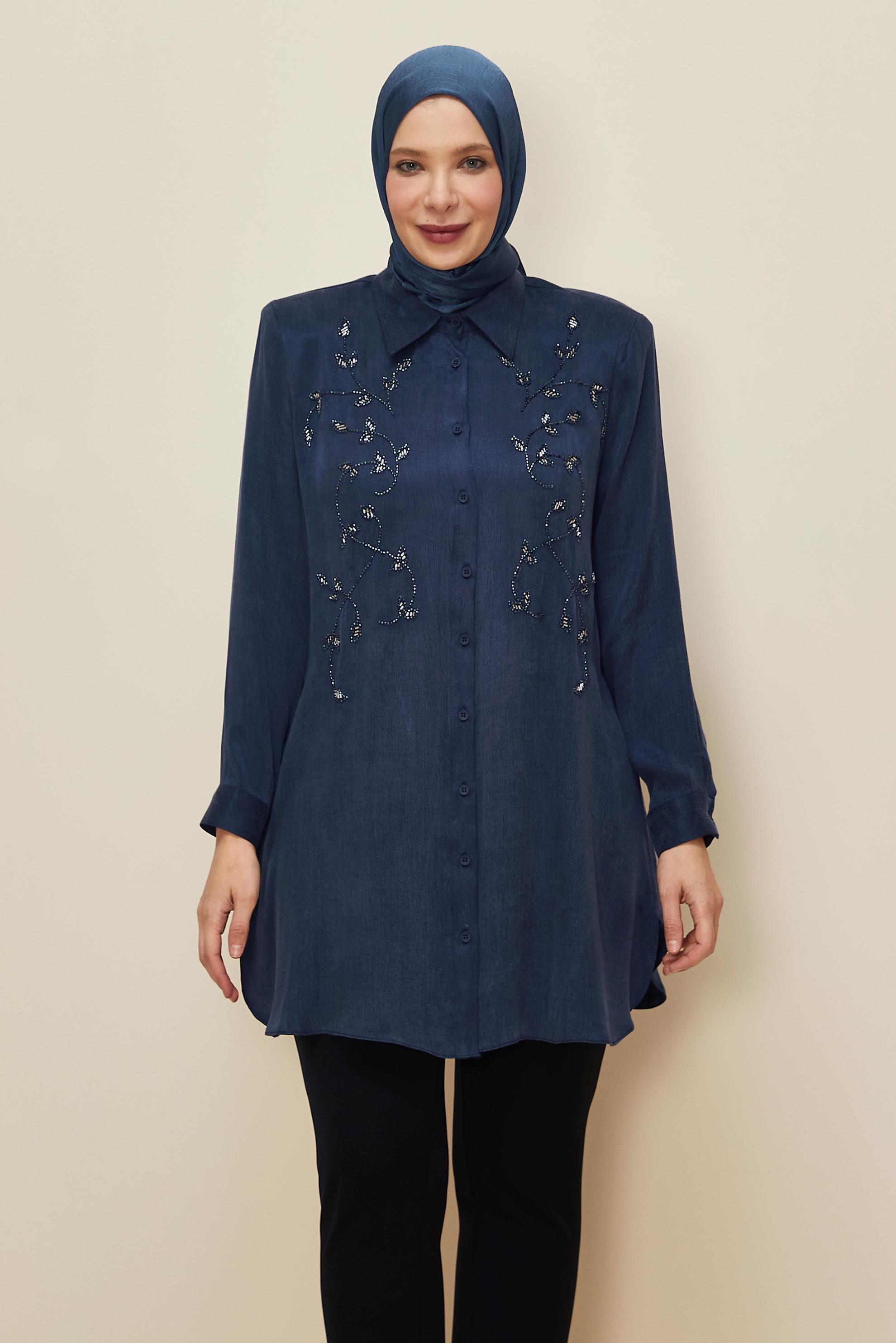 Vêtements hijab BLEU MARINE TUNIQUE BRODÉE DE PERLES 20875