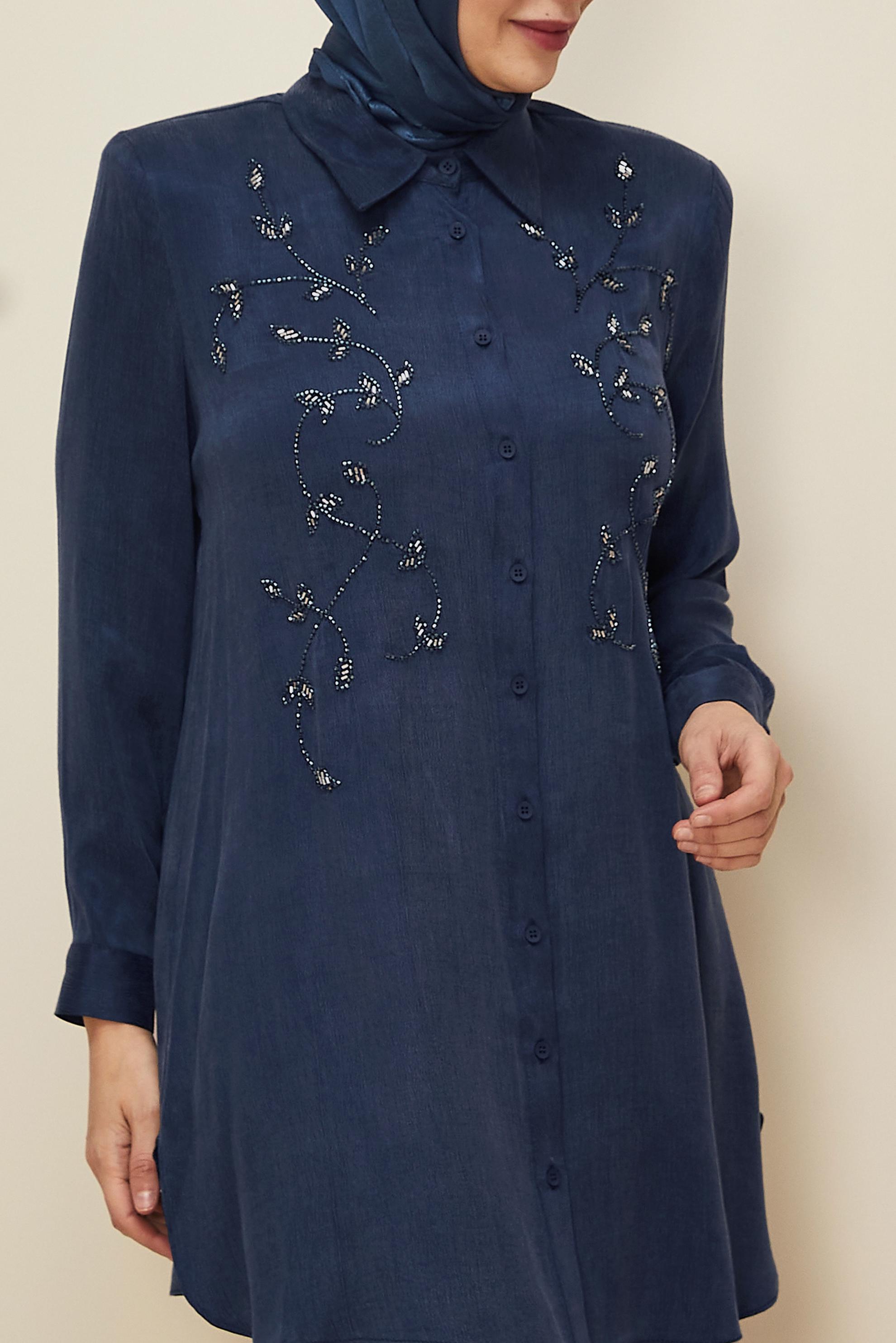Vêtements hijab BLEU MARINE TUNIQUE BRODÉE DE PERLES 20875