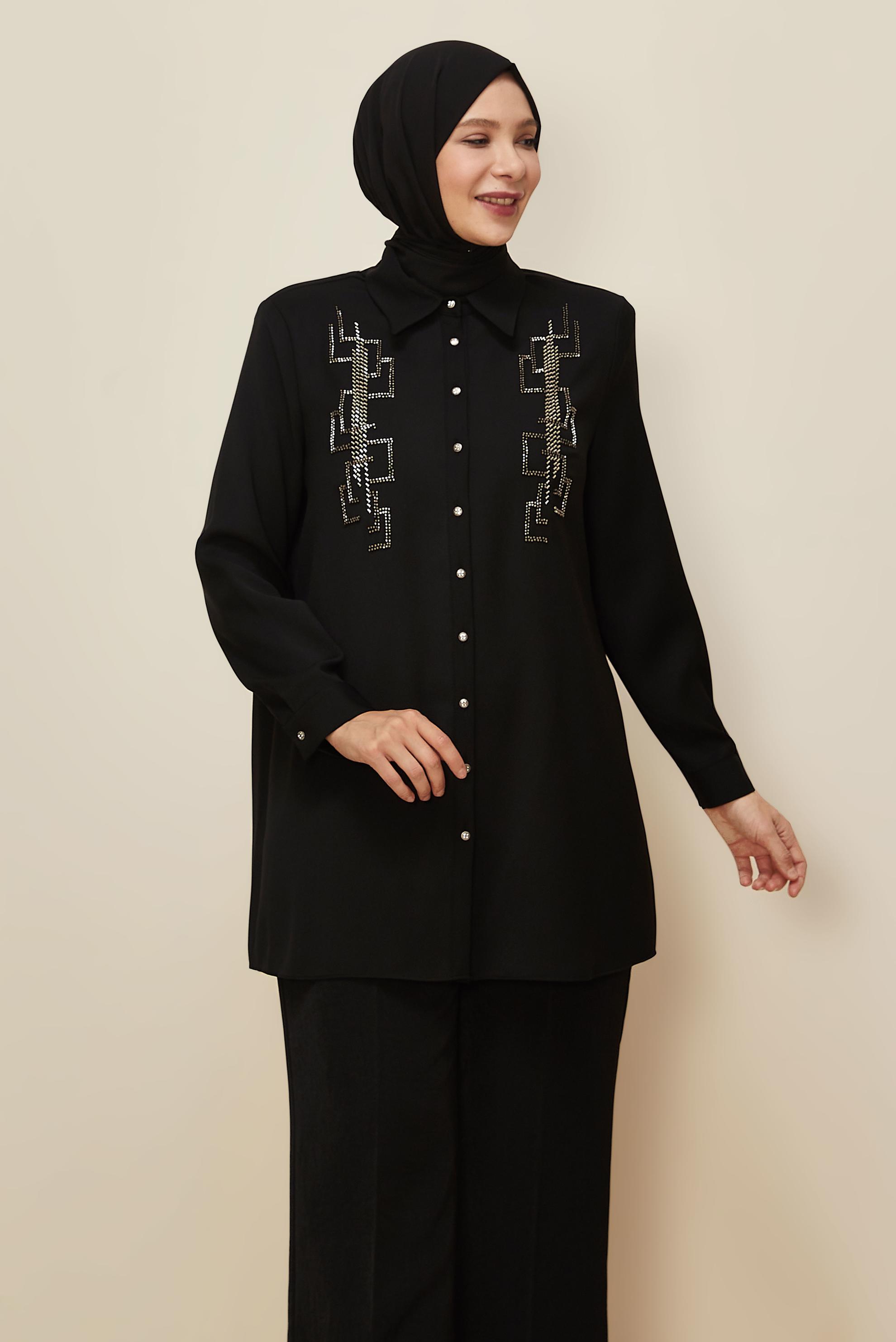 Vêtements hijab NOIR TUNIQUE BRODÉE DE PERLES 20876