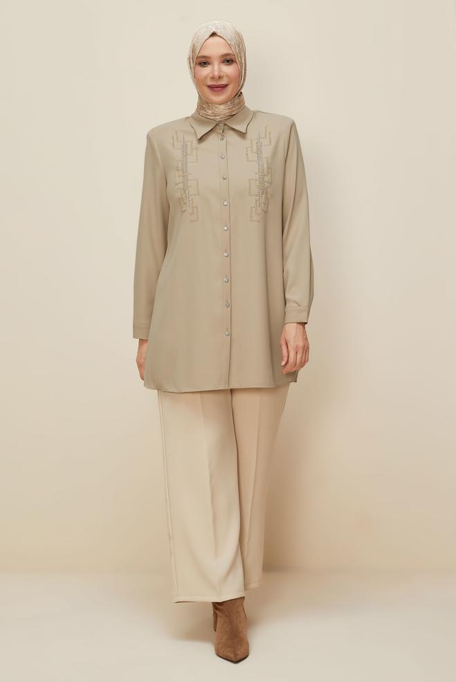Vêtements hijab BEIGE TUNIQUE BRODÉE DE PERLES 20876 - ALVİNA