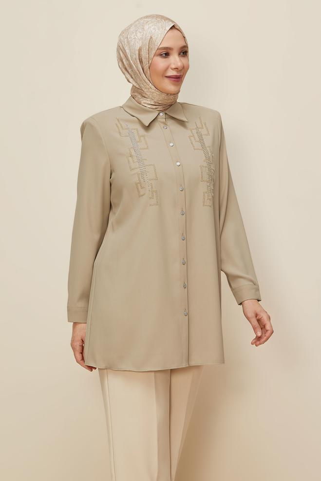 Vêtements hijab BEIGE TUNIQUE BRODÉE DE PERLES 20876 - ALVİNA
