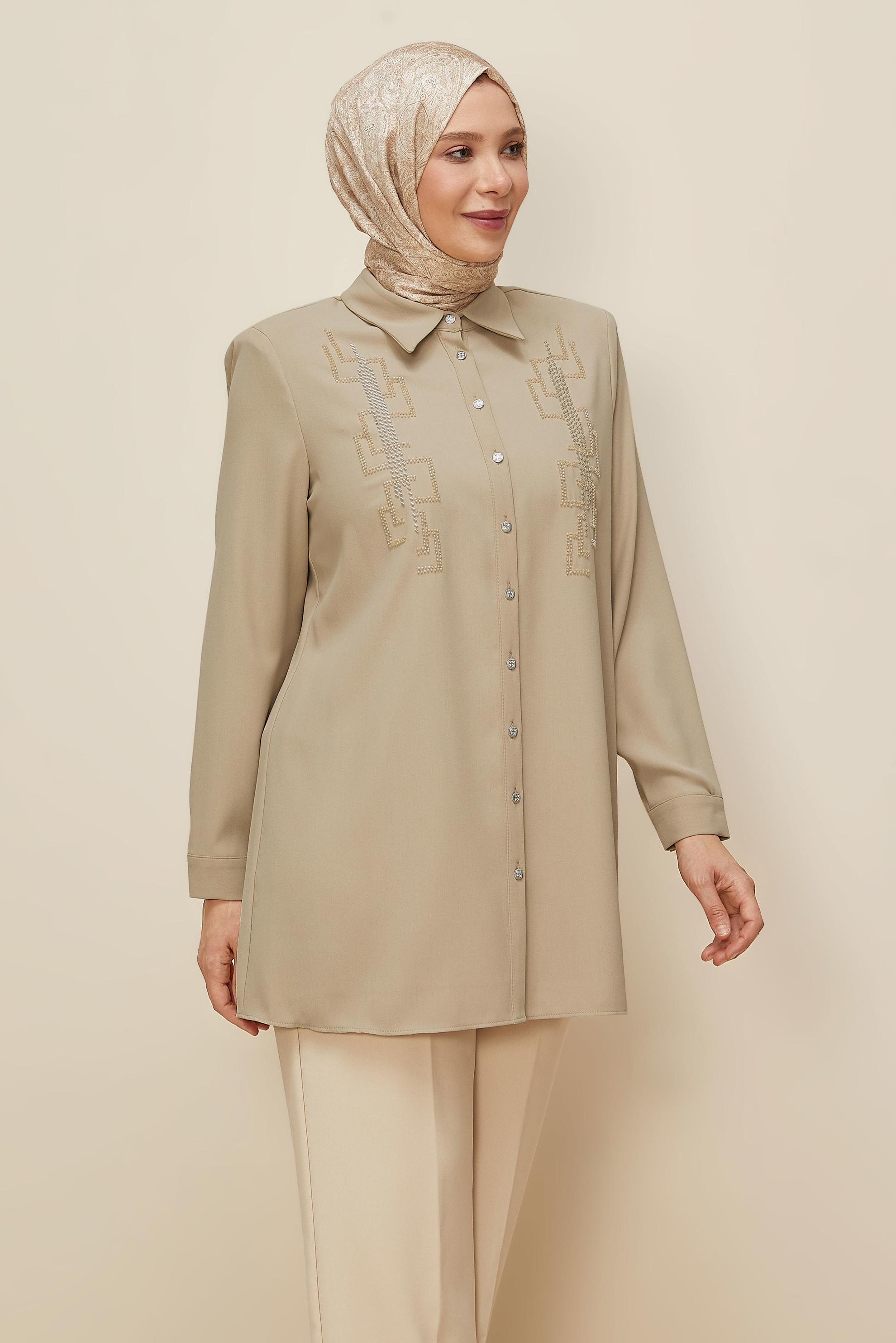 Vêtements hijab BEIGE TUNIQUE BRODÉE DE PERLES 20876