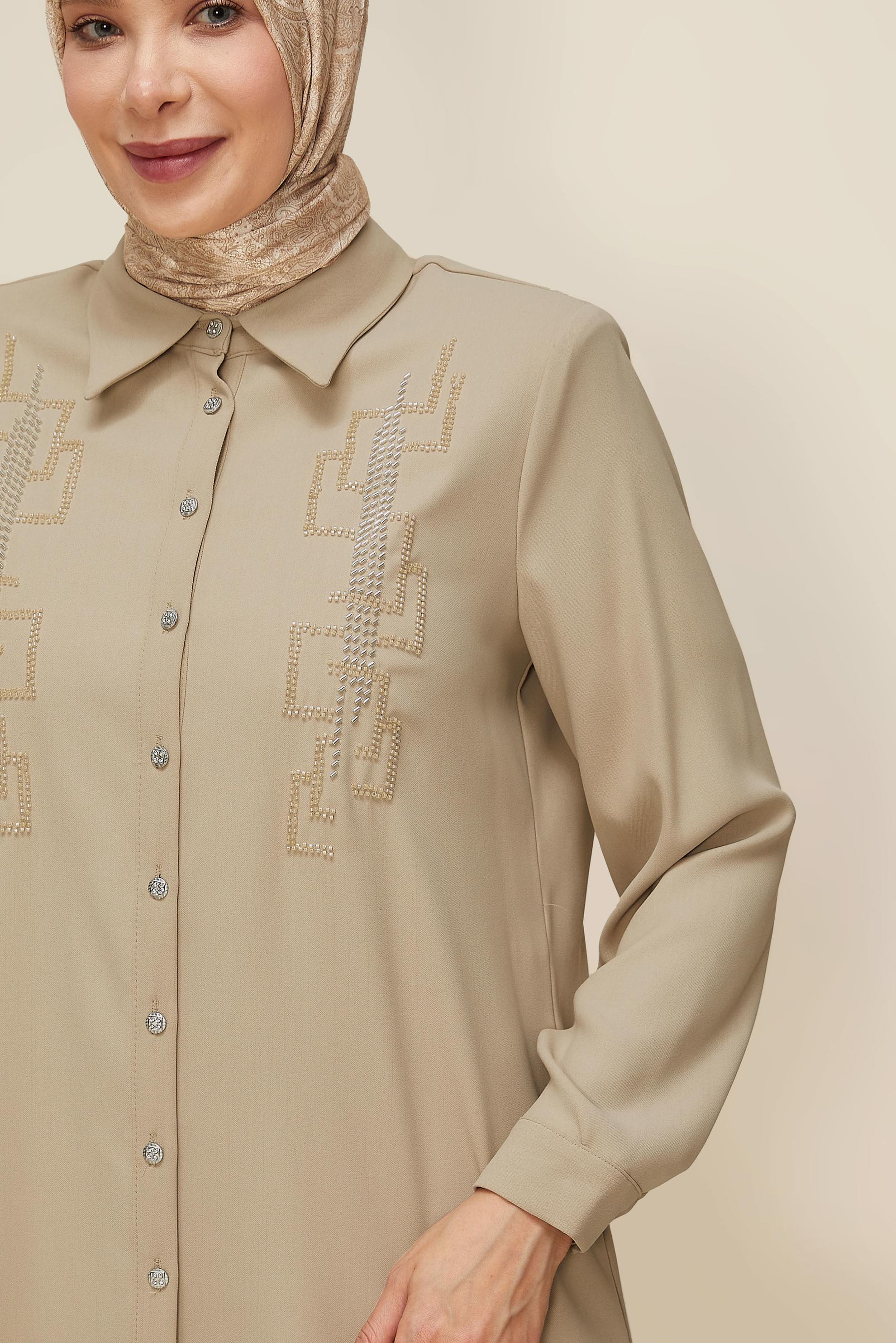 Vêtements hijab BEIGE TUNIQUE BRODÉE DE PERLES 20876