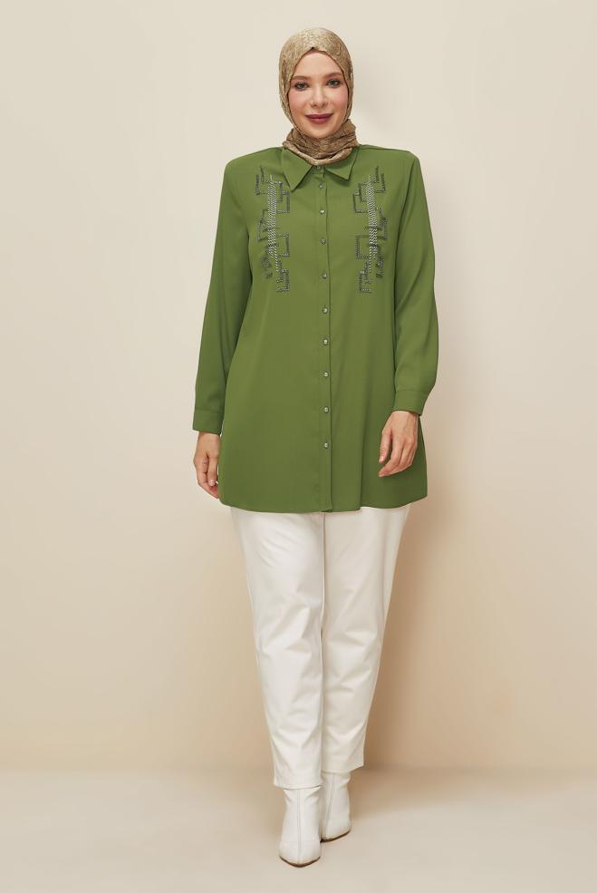 Vêtements hijab KAKI TUNIQUE BRODÉE DE PERLES 20876 - ALVİNA