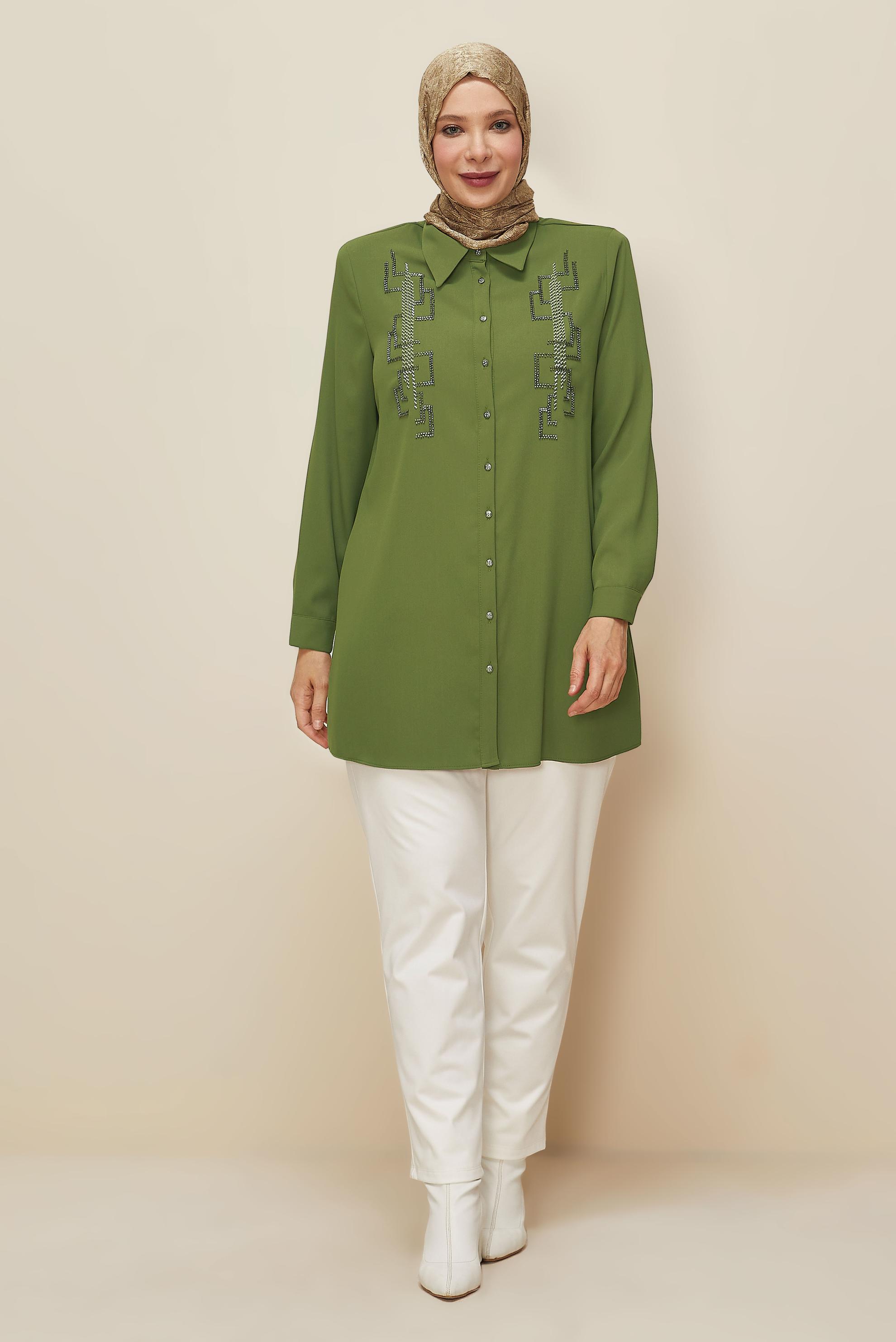 Vêtements hijab KAKI TUNIQUE BRODÉE DE PERLES 20876