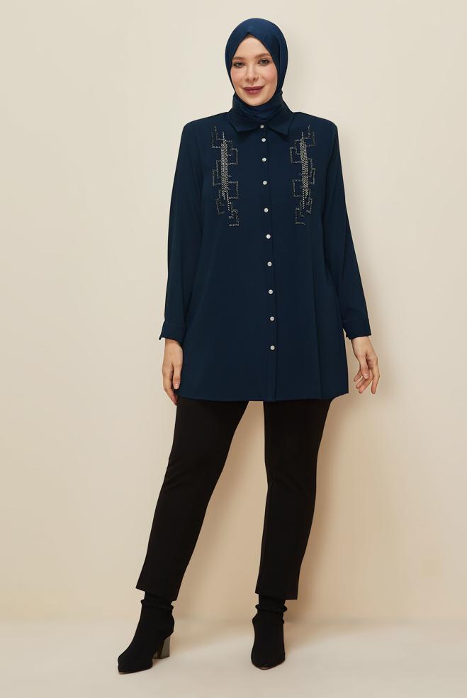 Vêtements hijab BLEU MARINE TUNIQUE BRODÉE DE PERLES 20876 - ALVİNA