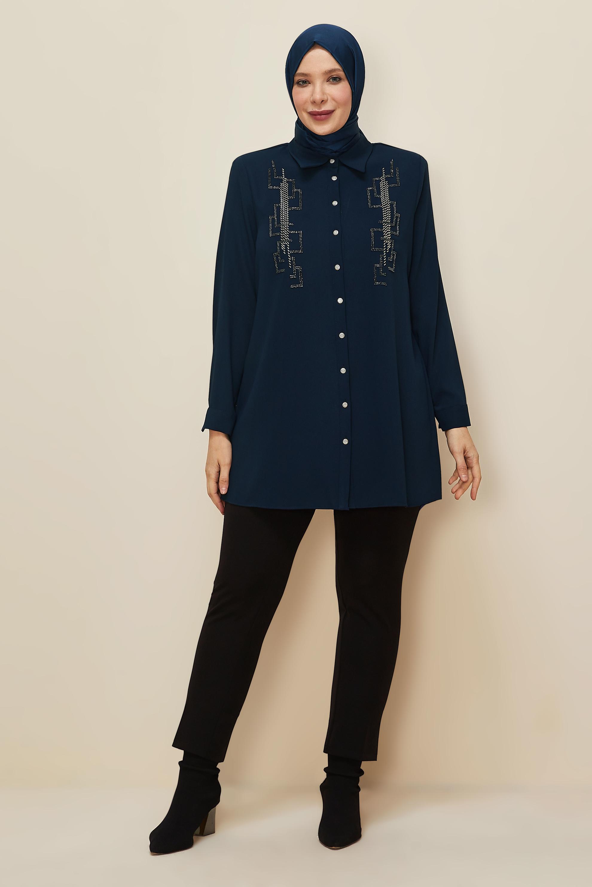 Vêtements hijab BLEU MARINE TUNIQUE BRODÉE DE PERLES 20876