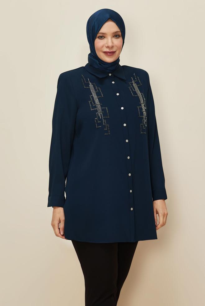 Vêtements hijab BLEU MARINE TUNIQUE BRODÉE DE PERLES 20876 - ALVİNA