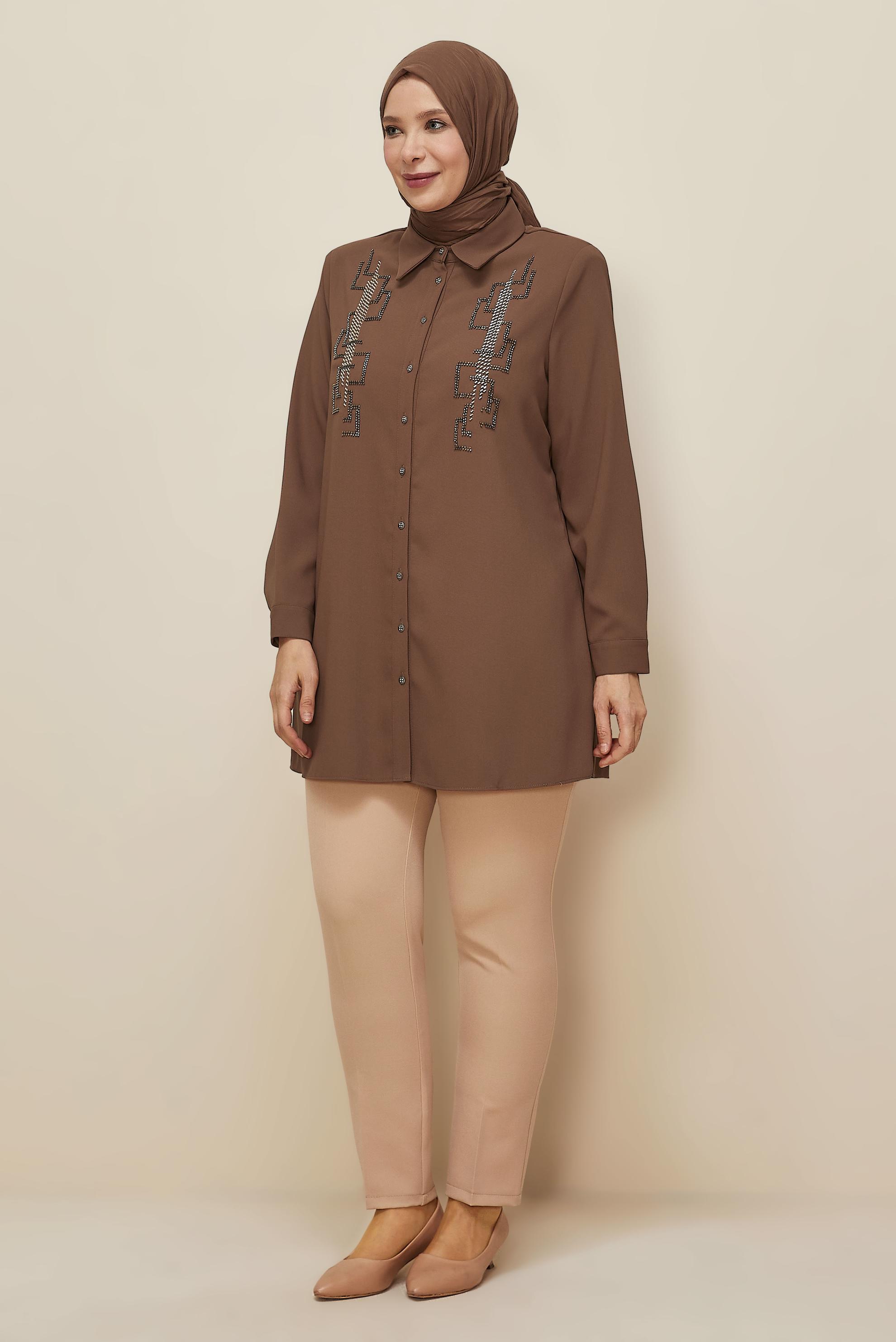 Vêtements hijab BRUN TUNIQUE BRODÉE DE PERLES 20876