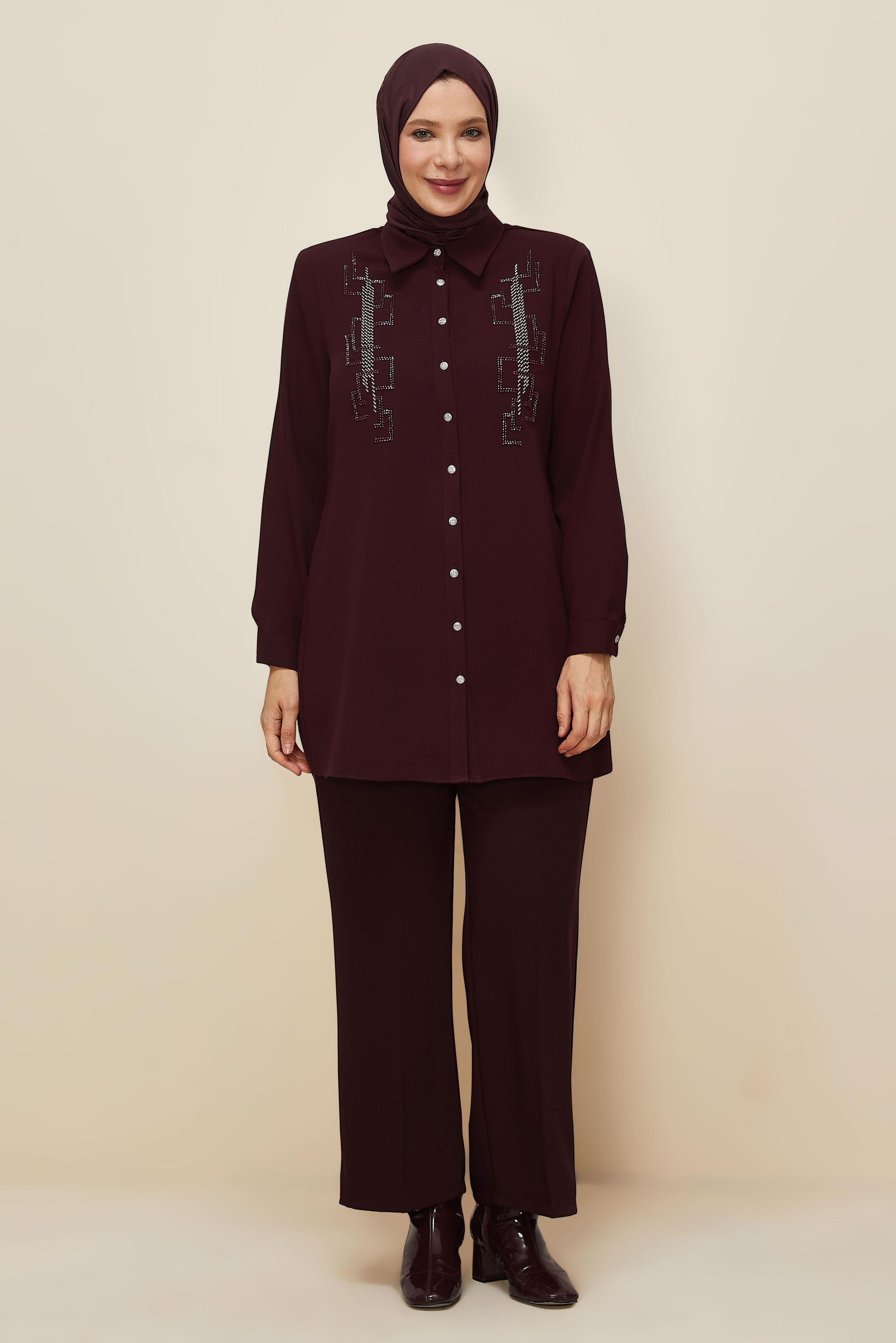 Vêtements hijab ROUGE BORDEAUX TUNIQUE BRODÉE DE PERLES 20876