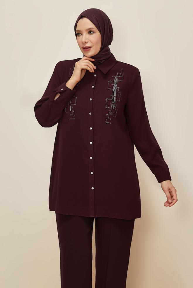 Vêtements hijab ROUGE BORDEAUX TUNIQUE BRODÉE DE PERLES 20876 - ALVİNA