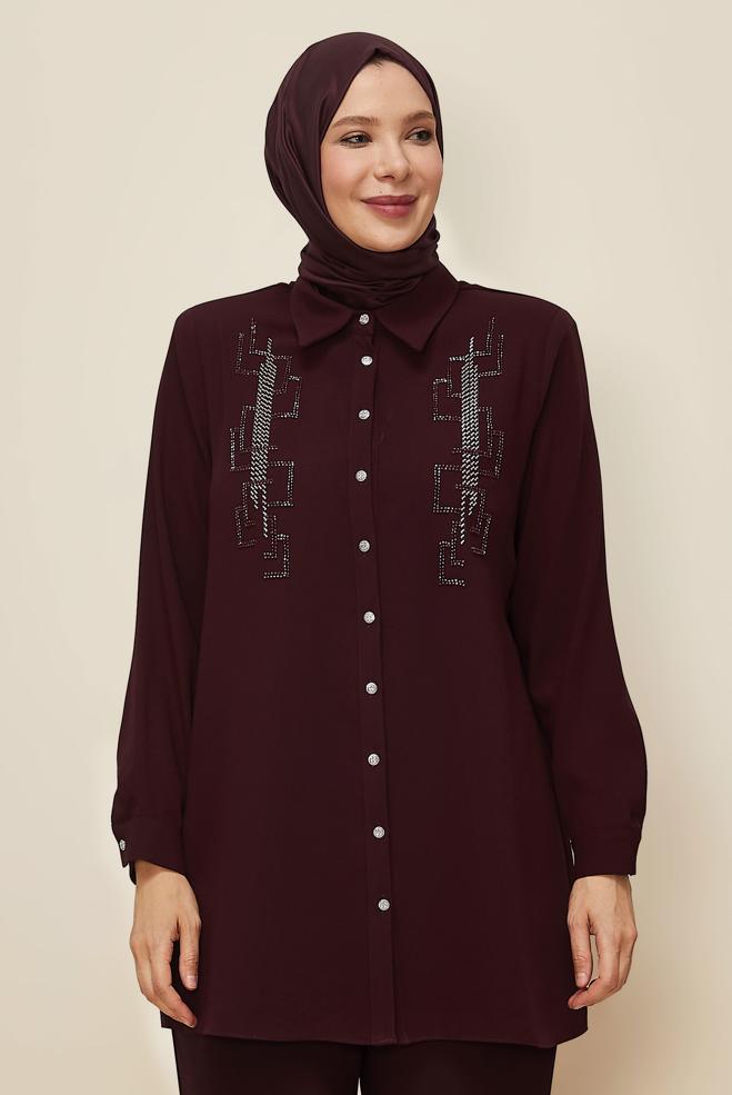 Vêtements hijab ROUGE BORDEAUX TUNIQUE BRODÉE DE PERLES 20876 - ALVİNA