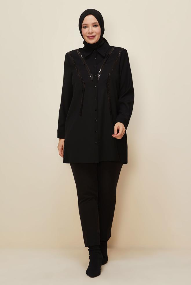 Vêtements hijab NOIR TUNIQUE DÉTAILLÉE À PAILLETTES 20894 - ALVİNA