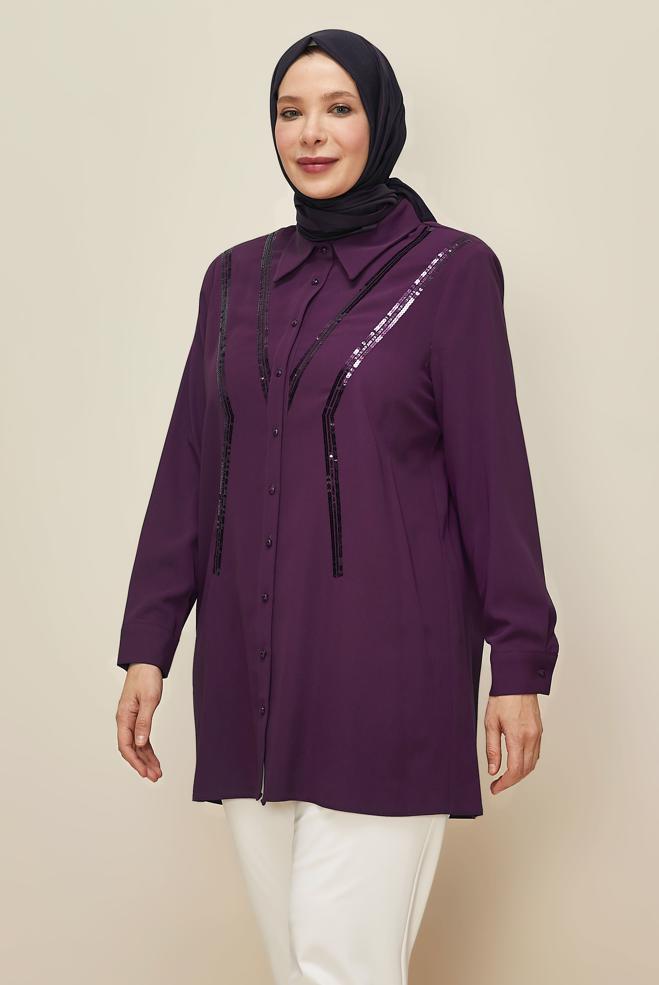 Vêtements hijab PRUNE TUNIQUE DÉTAILLÉE À PAILLETTES 20894 - ALVİNA