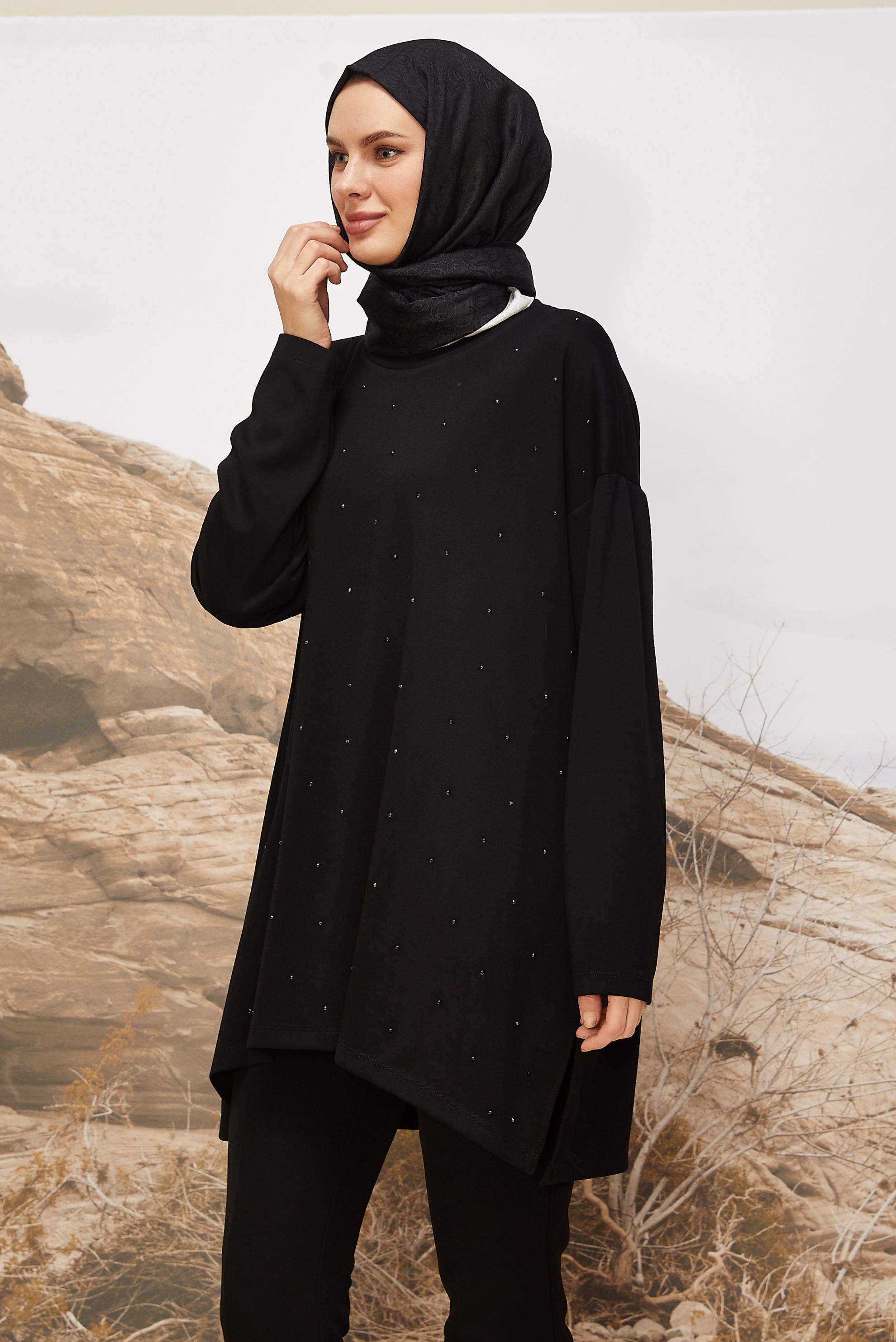 Vêtements hijab NOIR TUNIQUE BRODÉE DE GEMMES 45292