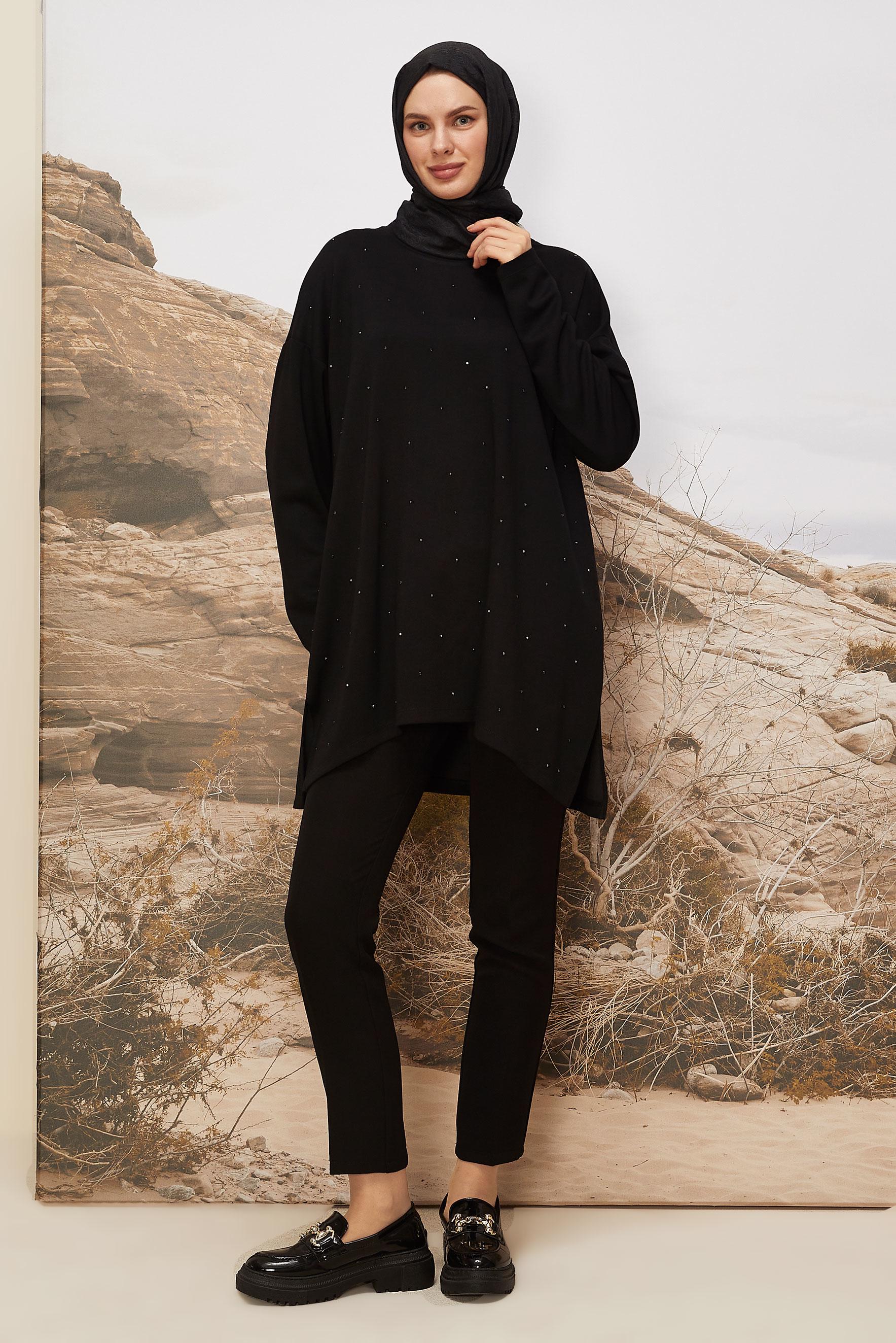 Vêtements hijab NOIR TUNIQUE BRODÉE DE GEMMES 45292