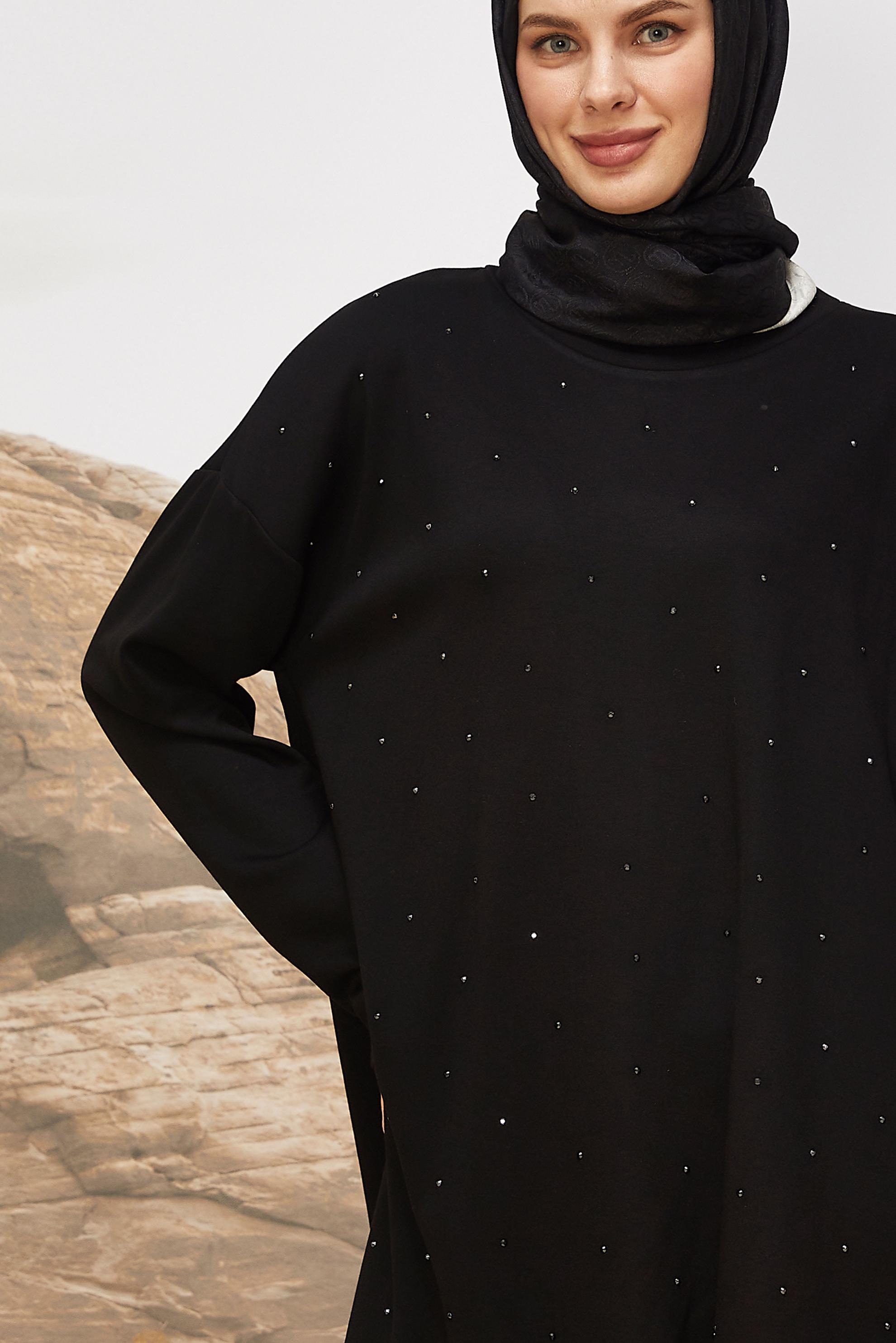 Vêtements hijab NOIR TUNIQUE BRODÉE DE GEMMES 45292