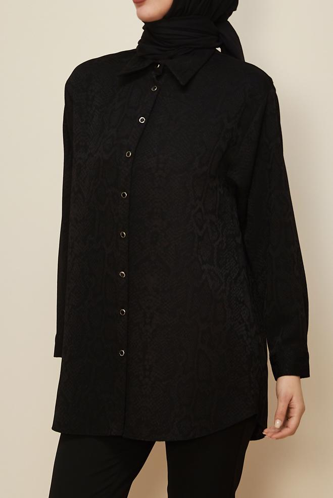 Tesettür giyim SİYAH YILAN DERİSİ DESENLİ JAKAR TUNİK 45783 - ALVİNA