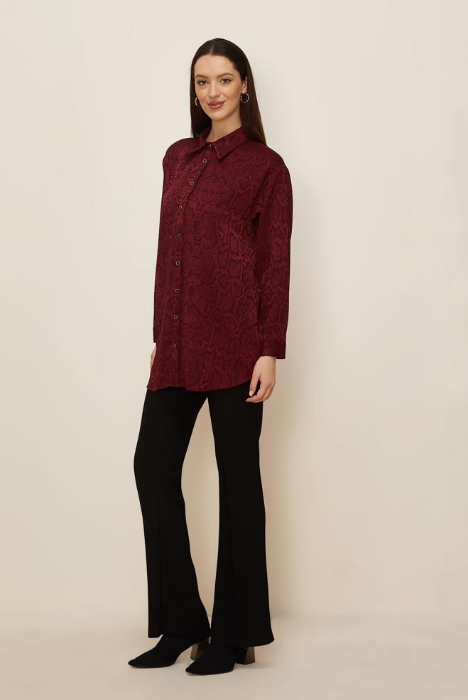 Tesettür giyim BORDO YILAN DERİSİ DESENLİ JAKAR TUNİK 45783 - ALVİNA