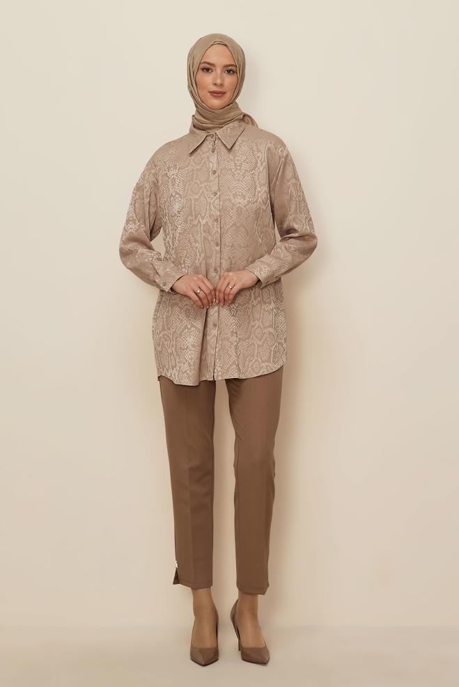 Tesettür giyim BEJ YILAN DERİSİ DESENLİ JAKAR TUNİK 45783 - ALVİNA