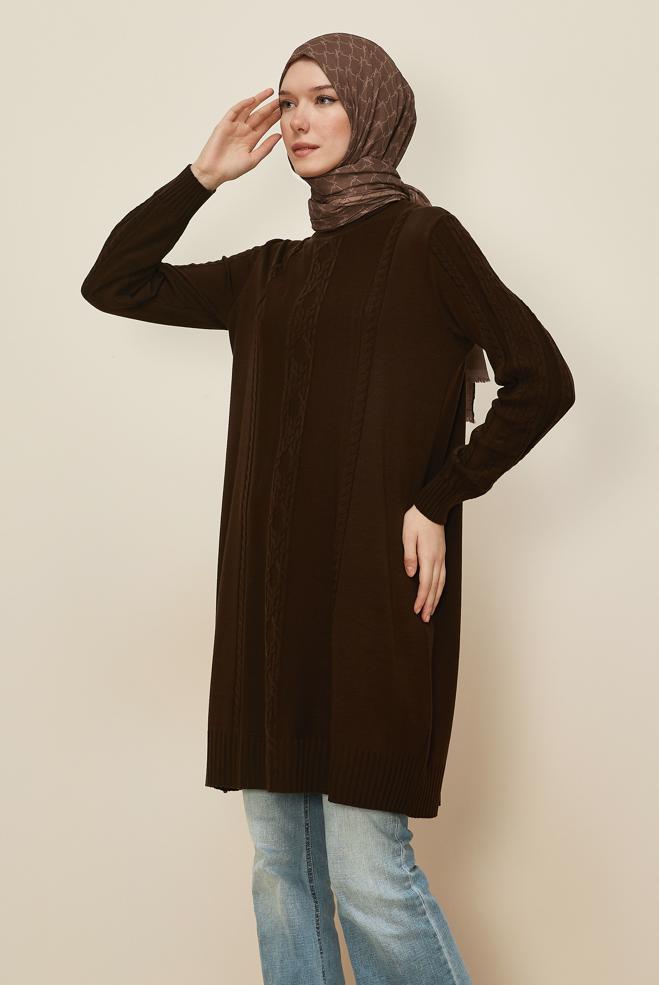 Tesettür giyim KAHVE BOĞAZLI YAKA TRİKO TUNİK 45801 - ALVİNA