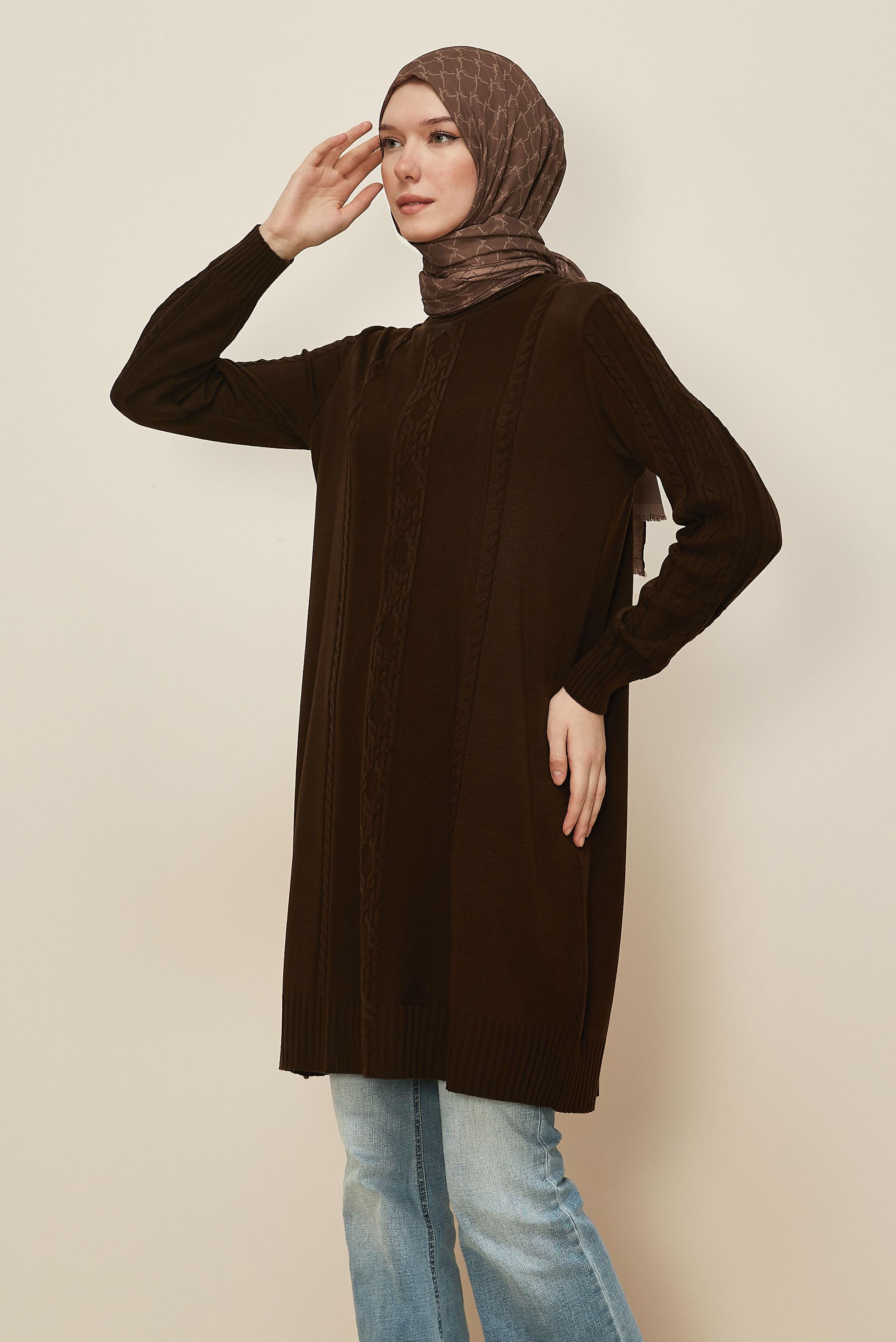Tesettür giyim KAHVE BOĞAZLI YAKA TRİKO TUNİK 45801
