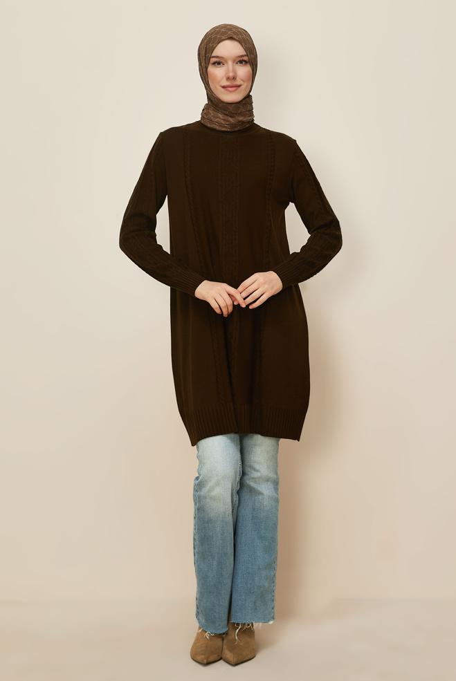 Tesettür giyim KAHVE BOĞAZLI YAKA TRİKO TUNİK 45801 - ALVİNA