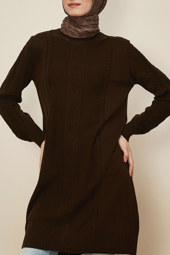 Tesettür giyim KAHVE BOĞAZLI YAKA TRİKO TUNİK 45801 - ALVİNA