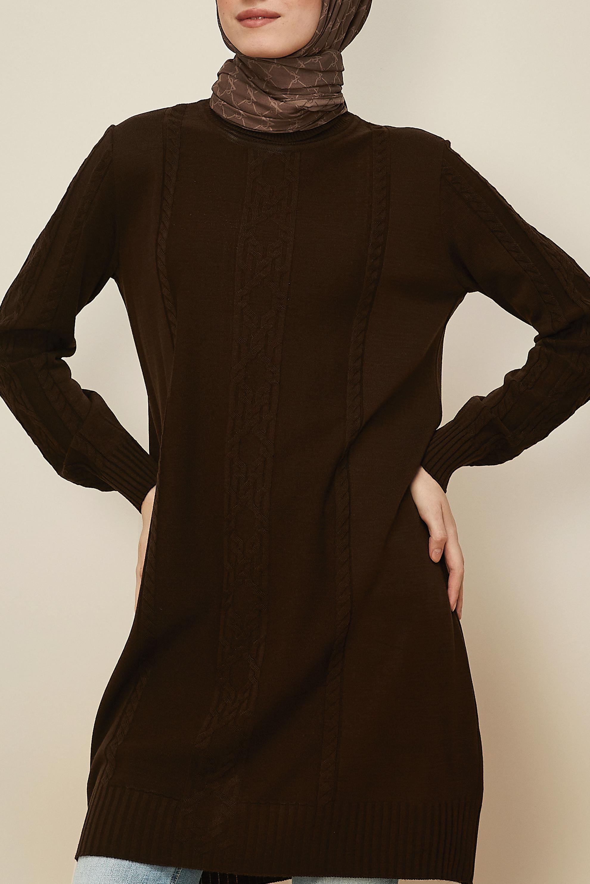 Tesettür giyim KAHVE BOĞAZLI YAKA TRİKO TUNİK 45801