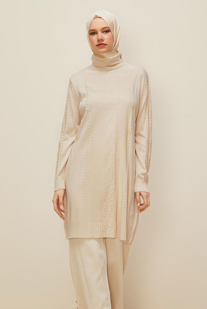 Vêtements hijab BEIGE TUNIQUE EN TRICOT À COL ROULÉ 45801 - ALVİNA