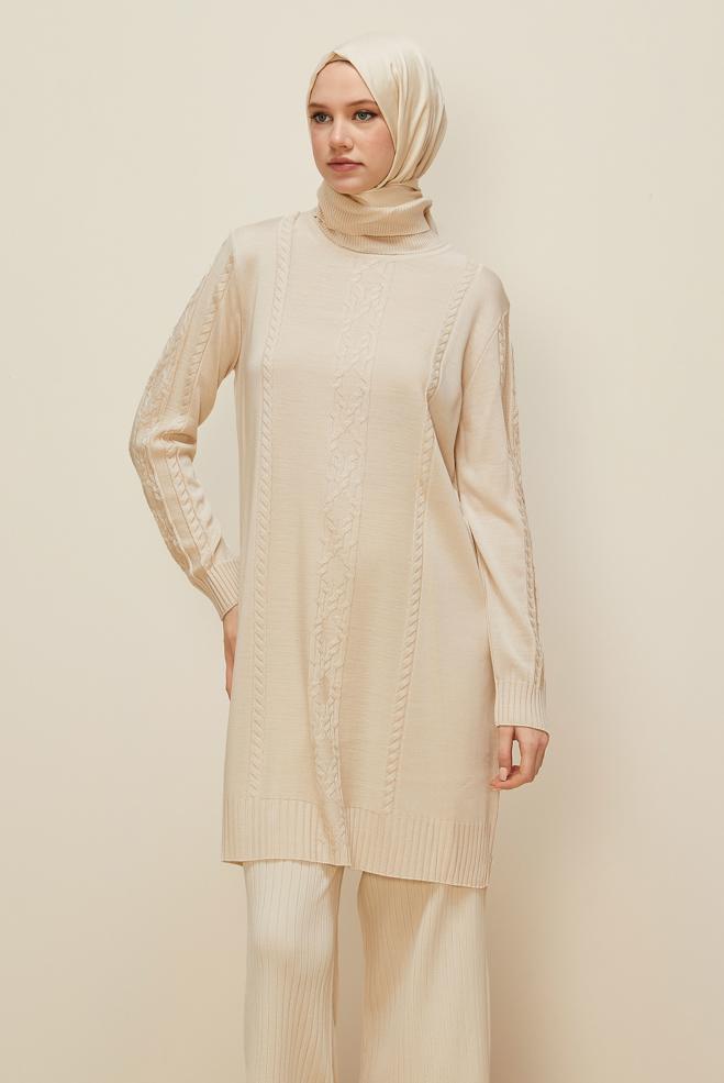 Vêtements hijab BEIGE TUNIQUE EN TRICOT À COL ROULÉ 45801 - ALVİNA