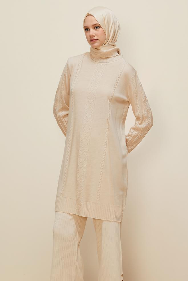 Vêtements hijab BEIGE TUNIQUE EN TRICOT À COL ROULÉ 45801 - ALVİNA