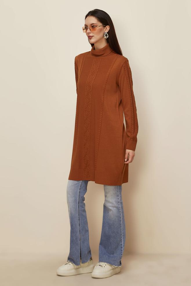Tesettür giyim TURUNCU BOĞAZLI YAKA TRİKO TUNİK 45801 - ALVİNA