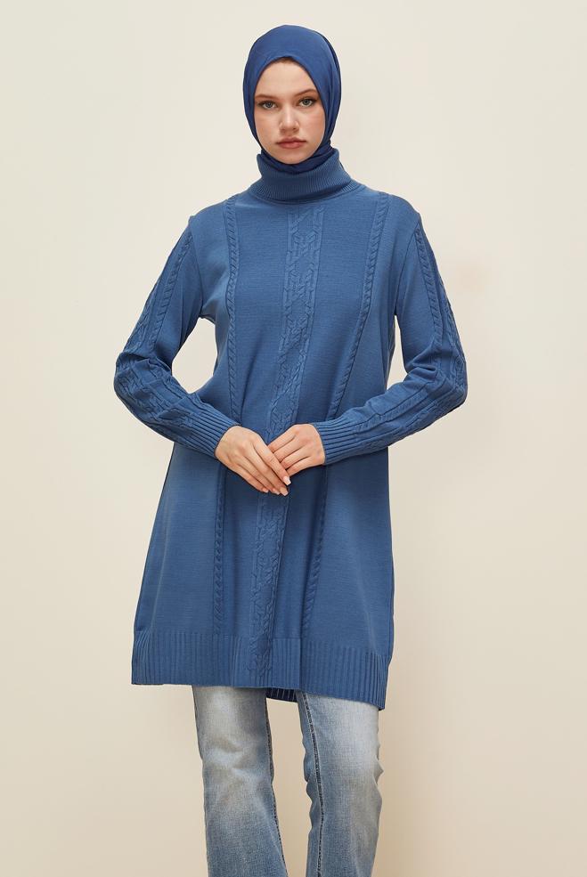 Vêtements hijab BLEU TUNIQUE EN TRICOT À COL ROULÉ 45801 - ALVİNA