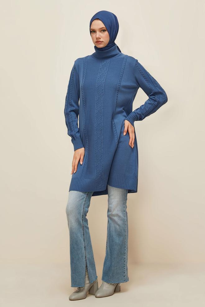 Vêtements hijab BLEU TUNIQUE EN TRICOT À COL ROULÉ 45801 - ALVİNA