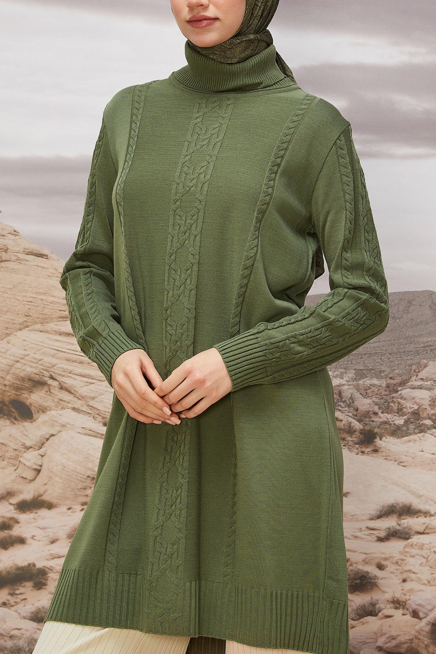 Tesettür giyim YEŞİL BOĞAZLI YAKA TRİKO TUNİK 45801