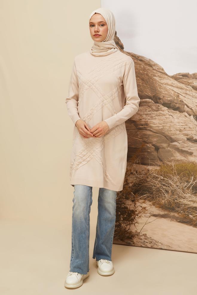Hijab clothing BEIGE KNITWEAR TUNIC 45804 - ALVİNA