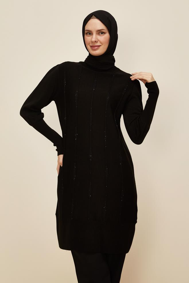Tesettür giyim SİYAH 45808 TRİKO TUNİK 38-48 - ALVİNA